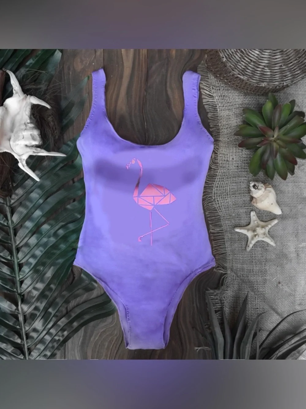 Women’s Purple One - Piece Swimsuit with Pink Flamingo Grraphic